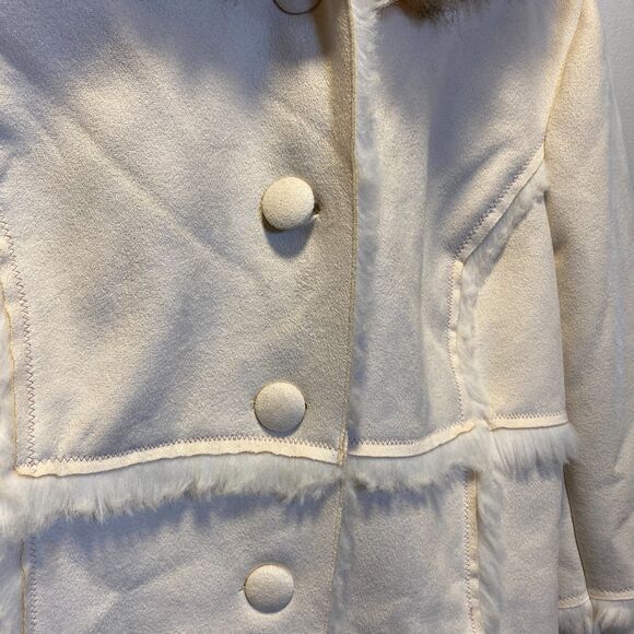 Y2K Glam VTG Bebe Penny Lane Faux Fur Suede Large Hooded Winter Coat Cream Pink - Picture 5 of 13